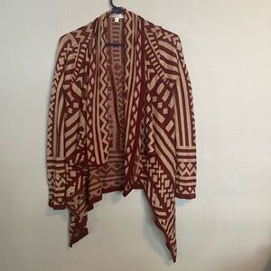 Maroon and tan Aztec print open sweater - large